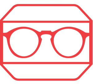 ICON: A red outline of round eyeglasses is centered within a red octagonal border on a white background. The design is minimalist and geometric icon image.