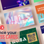 A collage of colorful business cards for various professions, featuring text overlay: enhance your BUSINESS CARDS with QR codes in bold letters on a transparent background.